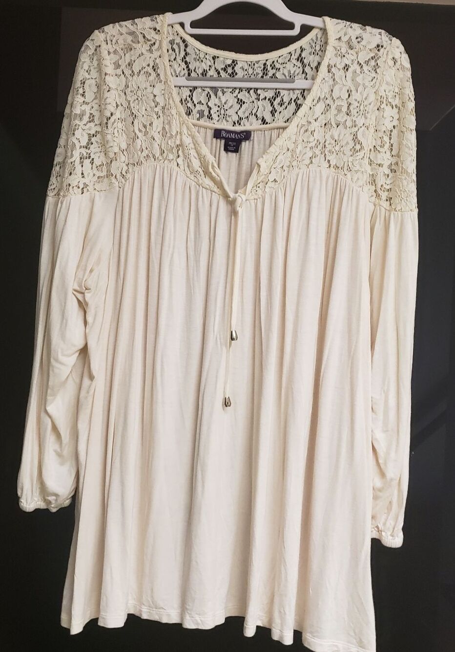 Roman's Long Balloon Sleeve Elastic Wrist Upper Lace Swing Blouse Sz 3X NWOT